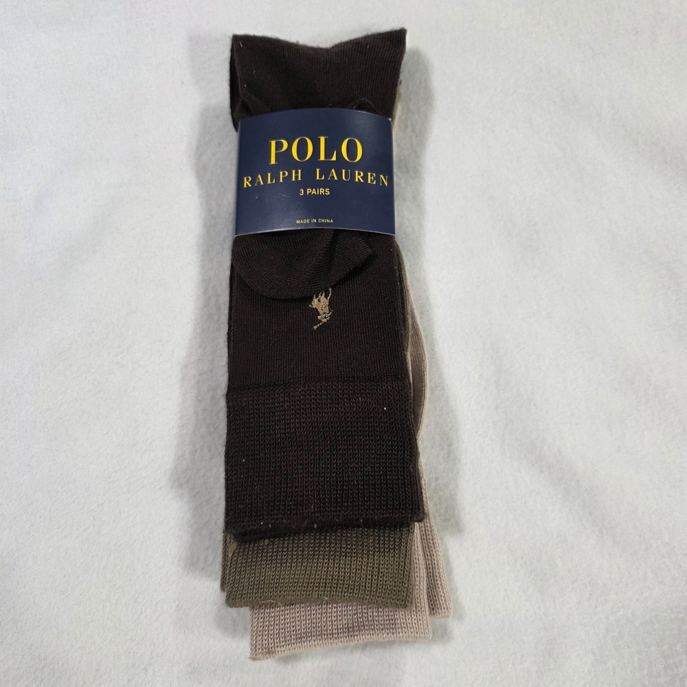 Polo‎ Ralph Lauren Unisex Socks Brown 10-13 Polyester Blend Mid Calf 3 Pairs